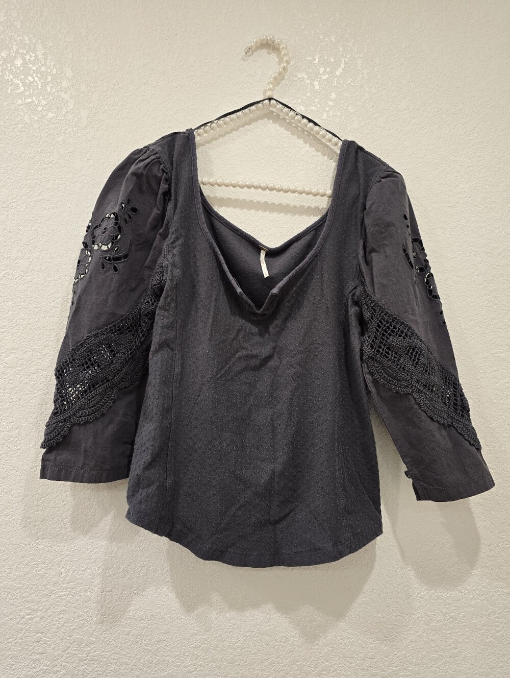 Free People Brunch Date Top wide scoop neckline sheer crochet Lace Sleeves M